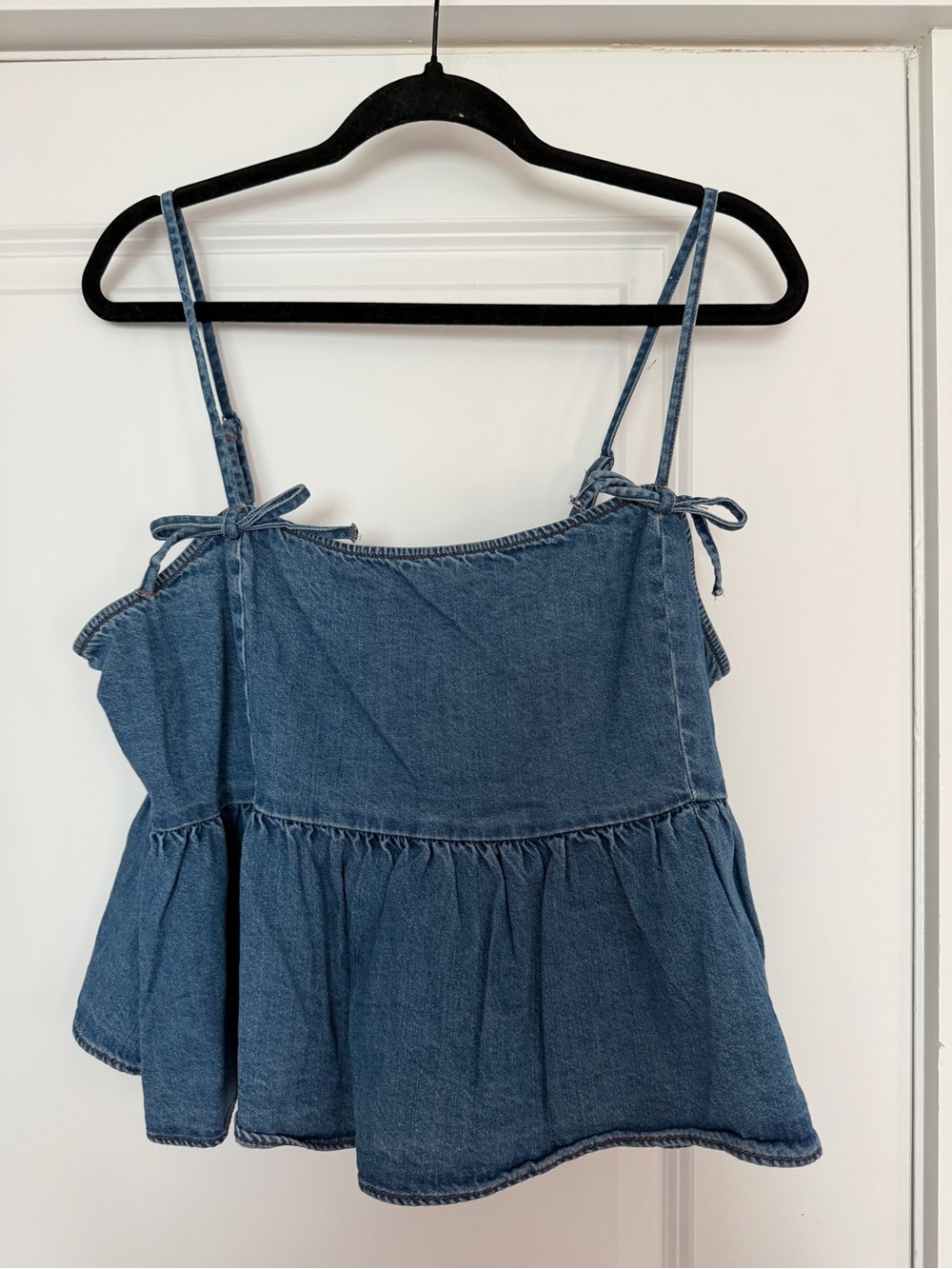 Denim Tie-Strap Peplum Tank Top - Blue